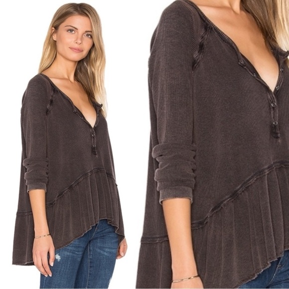 Free People Tops - Free People Grunge Henley Thermal Ruffle Peplum Tee Washed Dark Brown Raw Hems M